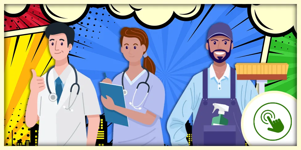 Trois professionnels de la santé et de l'entretien se tiennent devant un fond coloré et stylisé.