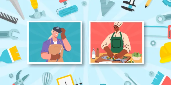Une soudeuse en tablier bleu, tenant son masque de soudure, à gauche. À droite, un chef cuisinier prépare des aliments sur une planche à découper.