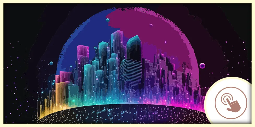 Ville futuriste avec des gratte-ciels lumineux sous un dôme coloré, entourée de petites lumières et planètes.