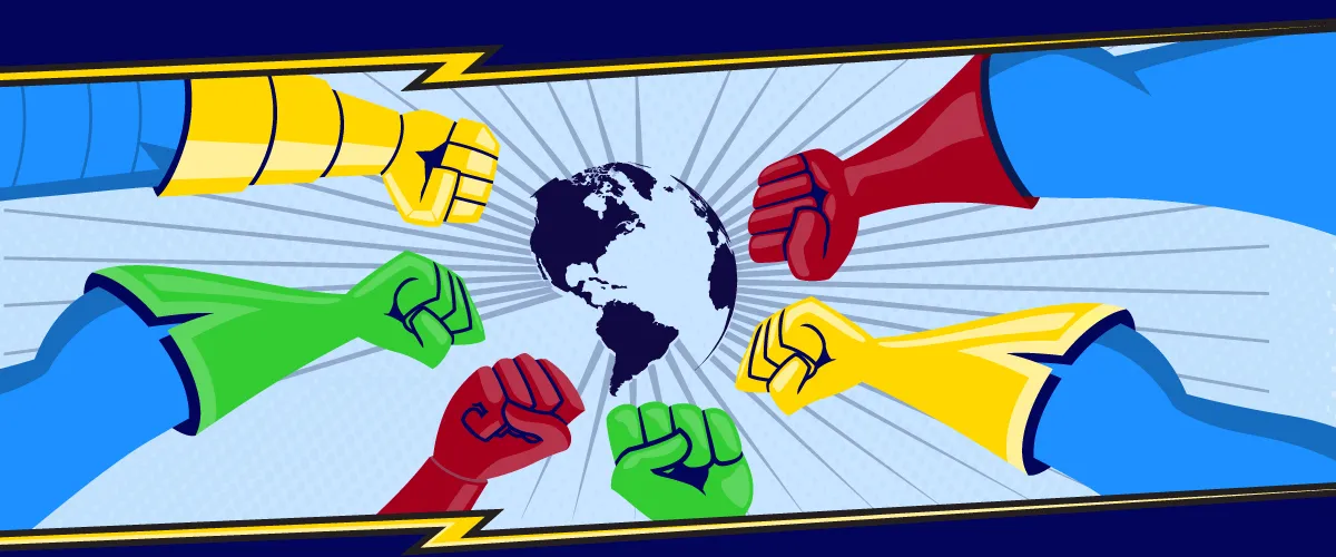 Six bras de superhéros, le poing fermé en signe de force, réunis autour de la planète Terre.