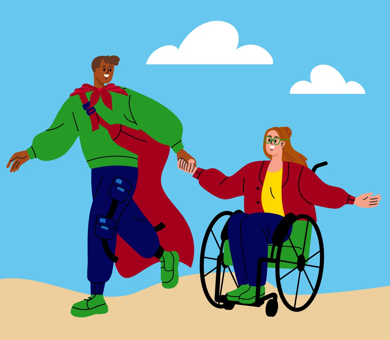 Un garçon muni d’une capte qui tient la main d’une fille en fauteuil roulant.