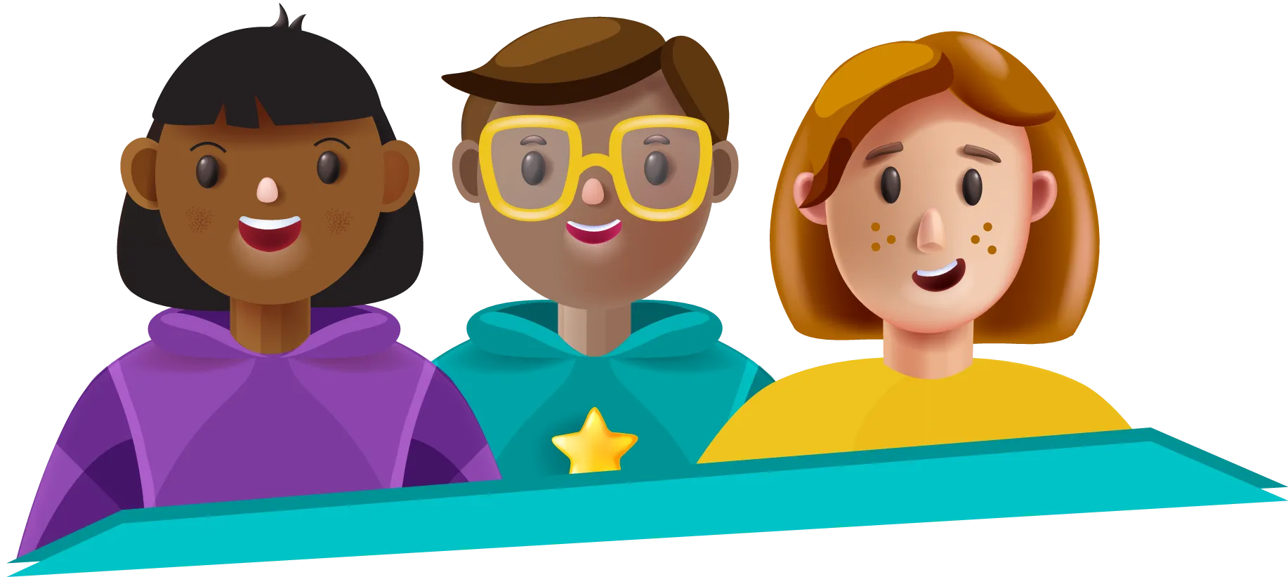 Trois personnages animés alignés côte à côte.