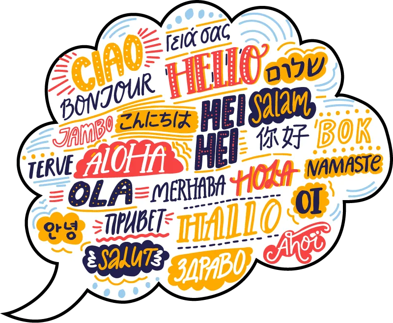 Nuage de parole contenant le mot bonjour en plusieurs langues différentes.