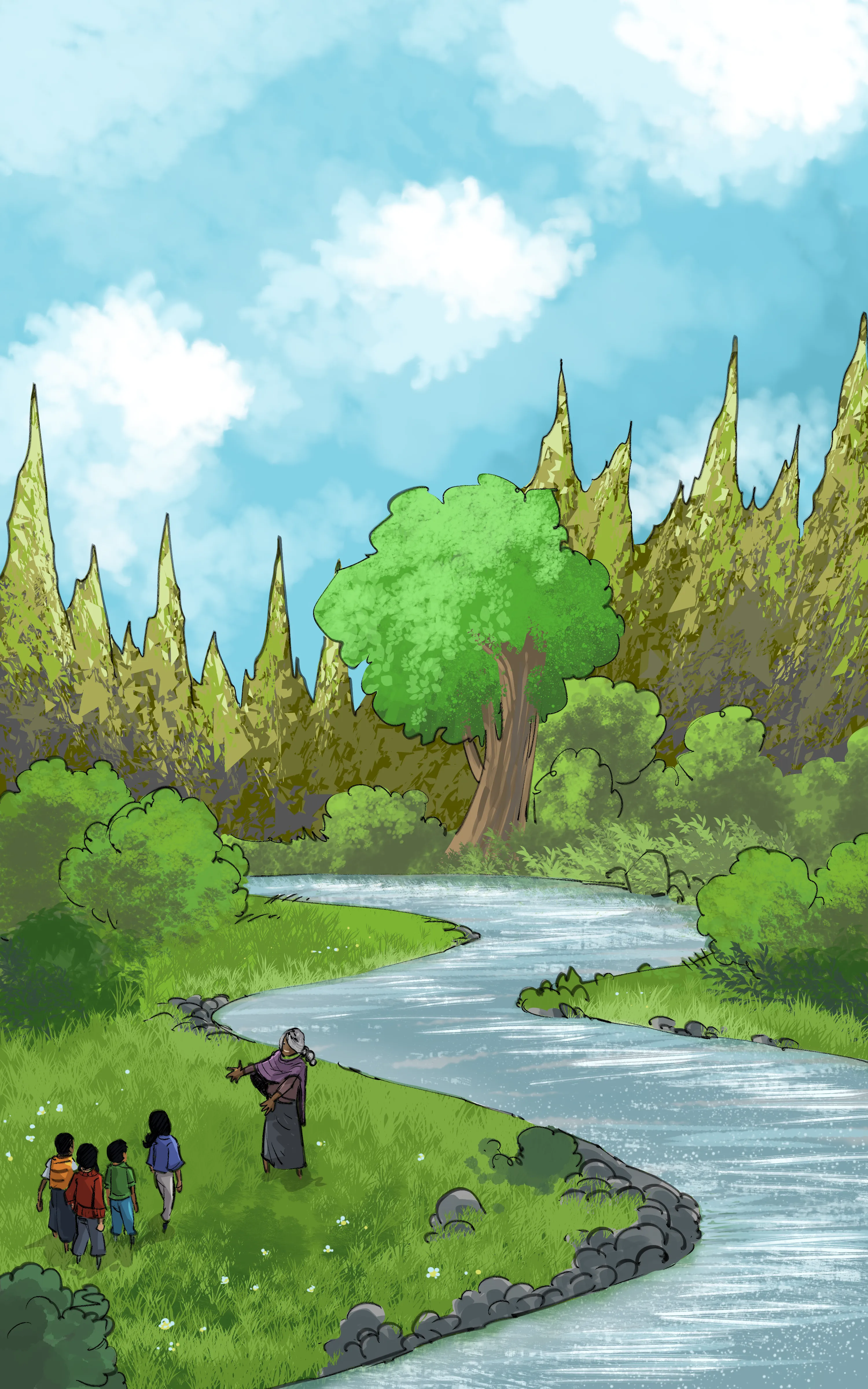 Au bord de la rivière sinueuse, Sheka s’adresse aux quatre enfants.