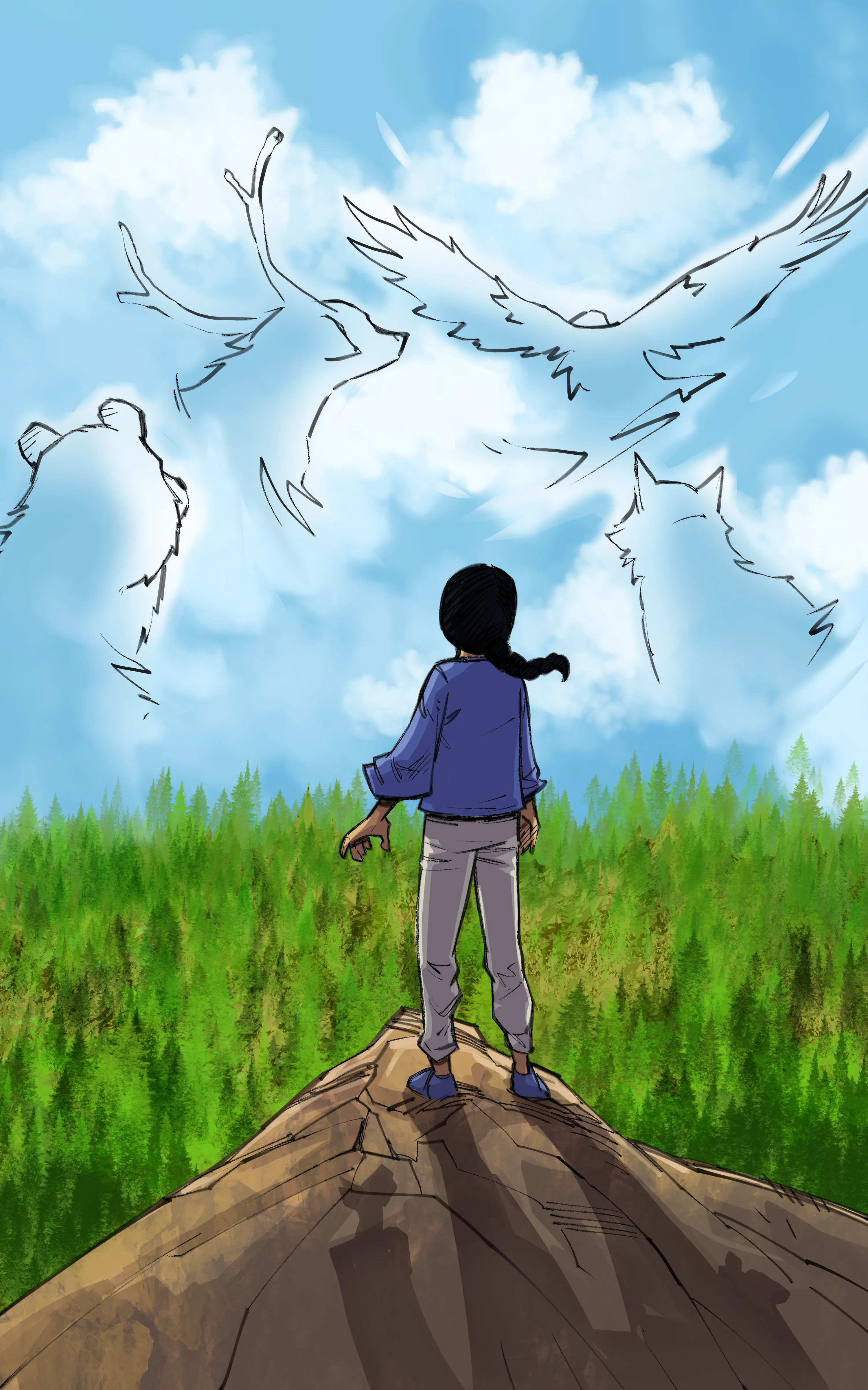 Les quatre spectres flottent dans le ciel bleu, au-dessus d’Aiyana.