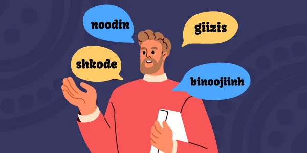 Illustration de Mitchell Akerman qui dit des mots en ojibwé : noodin, giizi, shkode, binoojiinh.