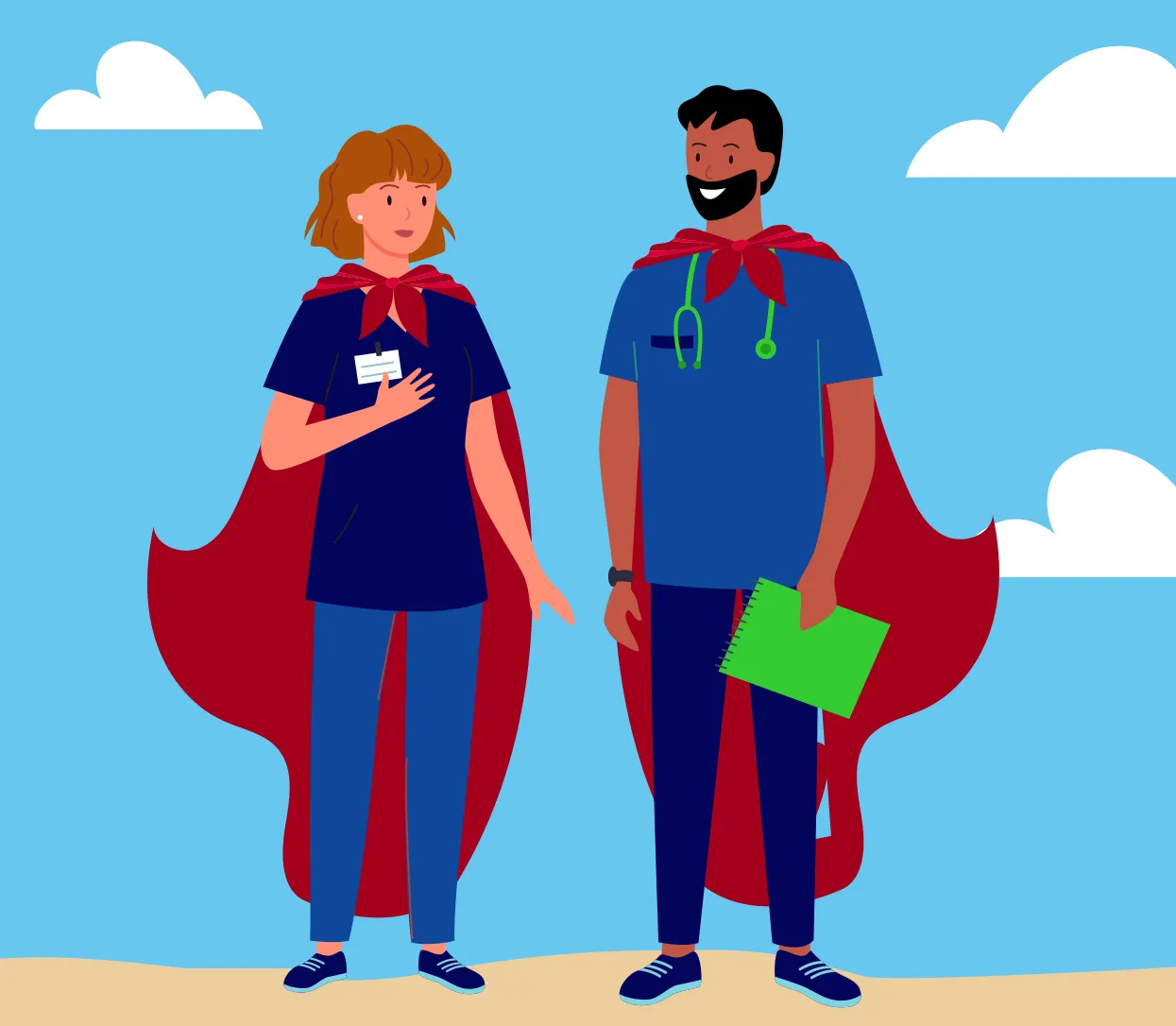 Une femme et un homme du personnel médical munis de capes.