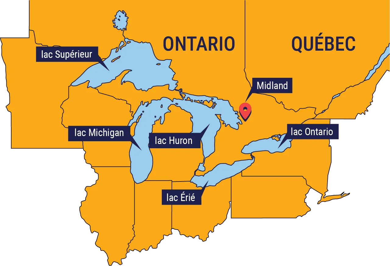 Carte géographique montrant l’emplacement de Midland, à l’ouest du lac Huron, et les autres Grands Lacs tout autour : lac Supérieur, lac Michigan, lac Érié, lac Ontario.