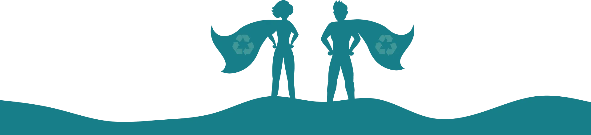 Silhouettes d’une superhéroïne et d’un superhéros. Leurs capes sont ornées d’un symbole de recyclage.