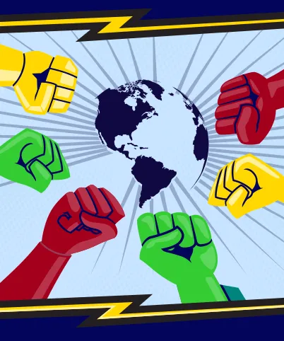 Six bras de superhéros, le poing fermé en signe de force, réunis autour de la planète Terre.