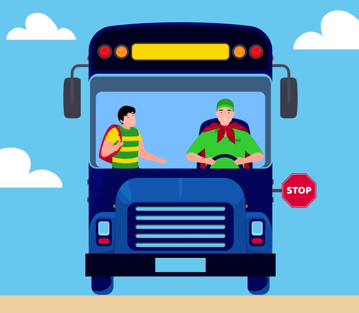 Un homme muni d’une cape derrière le volant et un élève qui entre dans l’autobus.