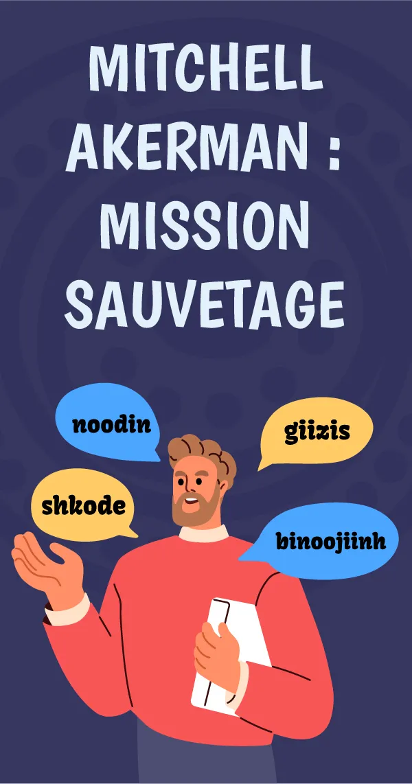 Illustration de Mitchell Akerman qui dit des mots en ojibwé : noodin, giizi, shkode, binoojiinh.