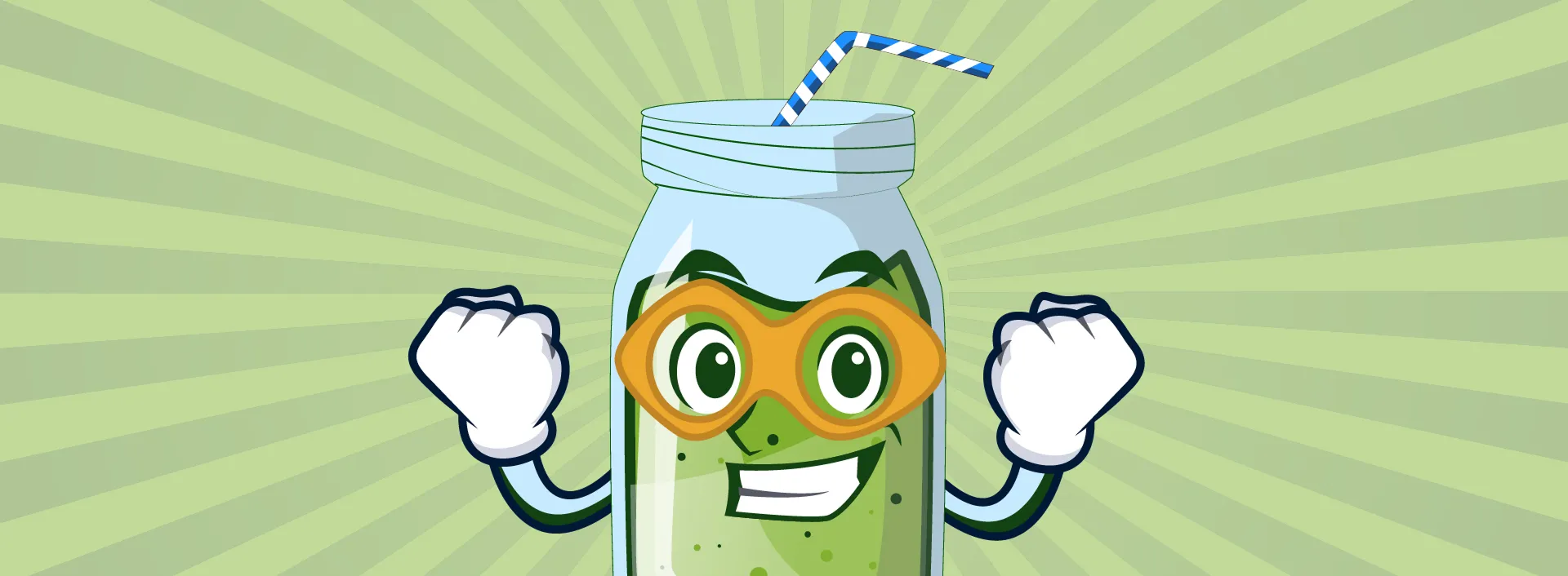Un pot de smoothie vert avec des bras, un visage et un masque de superhéros sur les yeux.
