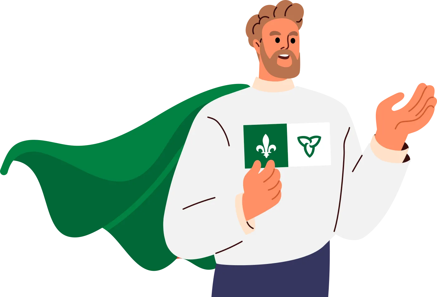 Illustration de Mitchell portant une cape verte et un chandail blanc arborant un drapeau franco-ontarien.